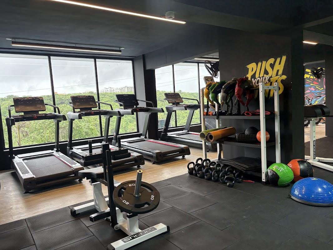 Tomz Fitness Club: treadmills facing forest views with kettlebells and accessory rack